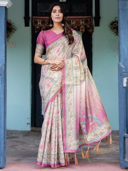 Lavender Beige Handloom Cotton Saree with Floral Vine Print & Majestic Peacock Pallu
