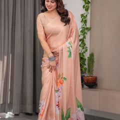Peach Satin Georgette Floral Printed Saree with Attached Blouse – Soft Pastel Designer Saree for Festive & Elegant Wear