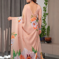Peach Satin Georgette Floral Printed Saree with Attached Blouse – Soft Pastel Designer Saree for Festive & Elegant Wear