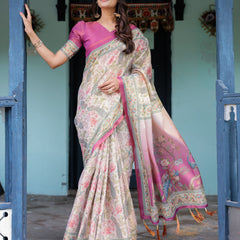 Lavender Beige Handloom Cotton Saree with Floral Vine Print & Majestic Peacock Pallu