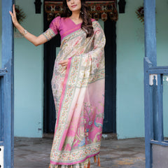Lavender Beige Handloom Cotton Saree with Floral Vine Print & Majestic Peacock Pallu