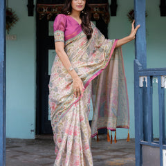 Lavender Beige Handloom Cotton Saree with Floral Vine Print & Majestic Peacock Pallu