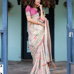 Lavender Beige Handloom Cotton Saree with Floral Vine Print & Majestic Peacock Pallu