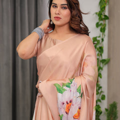 Peach Satin Georgette Floral Printed Saree with Attached Blouse – Soft Pastel Designer Saree for Festive & Elegant Wear