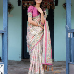 Lavender Beige Handloom Cotton Saree with Floral Vine Print & Majestic Peacock Pallu