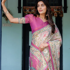 Lavender Beige Handloom Cotton Saree with Floral Vine Print & Majestic Peacock Pallu
