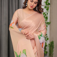 Peach Satin Georgette Floral Printed Saree with Attached Blouse – Soft Pastel Designer Saree for Festive & Elegant Wear