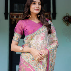 Lavender Beige Handloom Cotton Saree with Floral Vine Print & Majestic Peacock Pallu