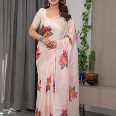 Blush Peach Satin Georgette Floral Printed Saree with Attached Blouse – Soft Pastel Designer Saree for Elegant & Festive Wear
