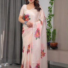 Blush Peach Satin Georgette Floral Printed Saree with Attached Blouse – Soft Pastel Designer Saree for Elegant & Festive Wear