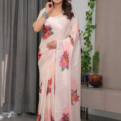 Blush Peach Satin Georgette Floral Printed Saree with Attached Blouse – Soft Pastel Designer Saree for Elegant & Festive Wear