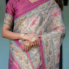 Lavender Beige Handloom Cotton Saree with Floral Vine Print & Majestic Peacock Pallu