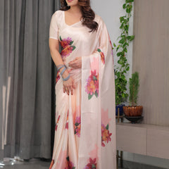 Blush Peach Satin Georgette Floral Printed Saree with Attached Blouse – Soft Pastel Designer Saree for Elegant & Festive Wear