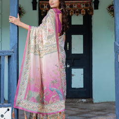 Lavender Beige Handloom Cotton Saree with Floral Vine Print & Majestic Peacock Pallu