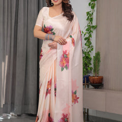 Blush Peach Satin Georgette Floral Printed Saree with Attached Blouse – Soft Pastel Designer Saree for Elegant & Festive Wear