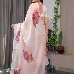 Blush Peach Satin Georgette Floral Printed Saree with Attached Blouse – Soft Pastel Designer Saree for Elegant & Festive Wear