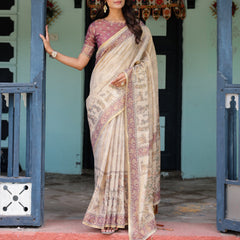 Beige Mauve Handloom Cotton Saree with Subtle Ramayan Print and Heritage Motif Pallu