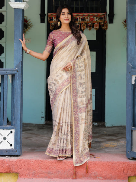 Beige Mauve Handloom Cotton Saree with Subtle Ramayan Print and Heritage Motif Pallu