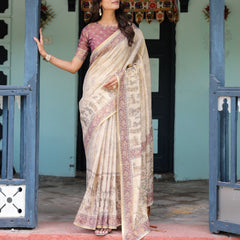 Beige Mauve Handloom Cotton Saree with Subtle Ramayan Print and Heritage Motif Pallu