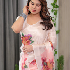 Blush Peach Satin Georgette Floral Printed Saree with Attached Blouse – Soft Pastel Designer Saree for Elegant & Festive Wear
