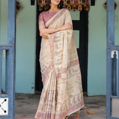 Beige Mauve Handloom Cotton Saree with Subtle Ramayan Print and Heritage Motif Pallu