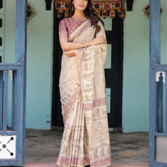 Beige Mauve Handloom Cotton Saree with Subtle Ramayan Print and Heritage Motif Pallu