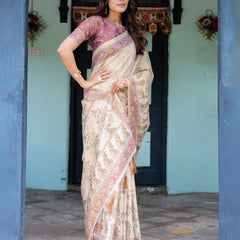 Beige Mauve Handloom Cotton Saree with Subtle Ramayan Print and Heritage Motif Pallu