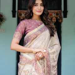 Beige Mauve Handloom Cotton Saree with Subtle Ramayan Print and Heritage Motif Pallu