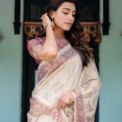 Beige Mauve Handloom Cotton Saree with Subtle Ramayan Print and Heritage Motif Pallu