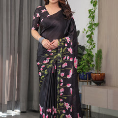 Black Satin Georgette Lotus Floral Printed Saree with Attached Blouse – Elegant Designer Saree for Festive & Evening Wear