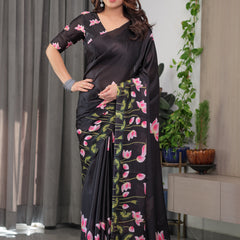 Black Satin Georgette Lotus Floral Printed Saree with Attached Blouse – Elegant Designer Saree for Festive & Evening Wear