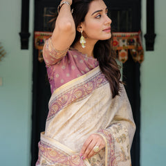 Beige Mauve Handloom Cotton Saree with Subtle Ramayan Print and Heritage Motif Pallu