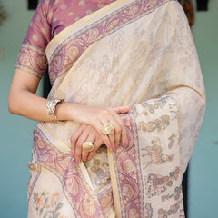 Beige Mauve Handloom Cotton Saree with Subtle Ramayan Print and Heritage Motif Pallu