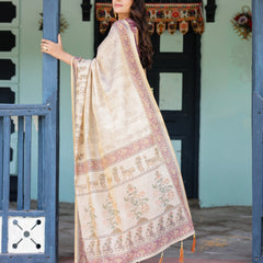 Beige Mauve Handloom Cotton Saree with Subtle Ramayan Print and Heritage Motif Pallu