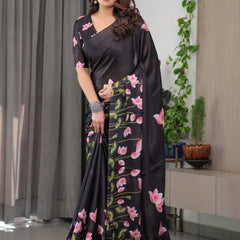 Black Satin Georgette Lotus Floral Printed Saree with Attached Blouse – Elegant Designer Saree for Festive & Evening Wear