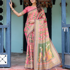 Coral Pink Handloom Cotton Saree with Traditional Folk Procession Print & Classical Dance Pallu