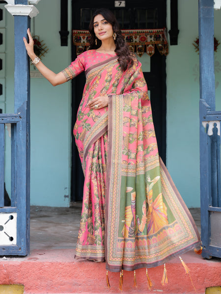 Coral Pink Handloom Cotton Saree with Traditional Folk Procession Print & Classical Dance Pallu