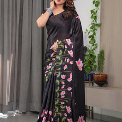 Black Satin Georgette Lotus Floral Printed Saree with Attached Blouse – Elegant Designer Saree for Festive & Evening Wear