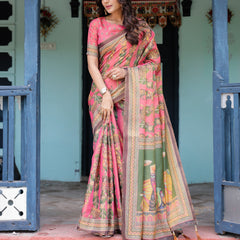 Coral Pink Handloom Cotton Saree with Traditional Folk Procession Print & Classical Dance Pallu