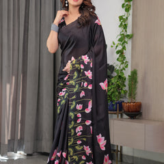 Black Satin Georgette Lotus Floral Printed Saree with Attached Blouse – Elegant Designer Saree for Festive & Evening Wear