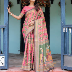 Coral Pink Handloom Cotton Saree with Traditional Folk Procession Print & Classical Dance Pallu
