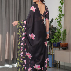 Black Satin Georgette Lotus Floral Printed Saree with Attached Blouse – Elegant Designer Saree for Festive & Evening Wear