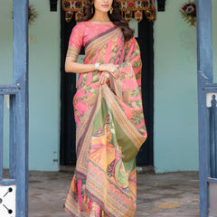 Coral Pink Handloom Cotton Saree with Traditional Folk Procession Print & Classical Dance Pallu