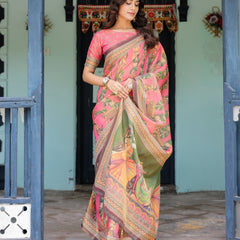 Coral Pink Handloom Cotton Saree with Traditional Folk Procession Print & Classical Dance Pallu