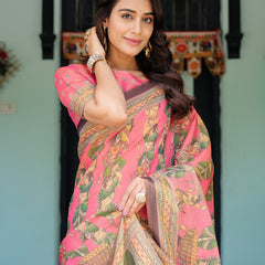 Coral Pink Handloom Cotton Saree with Traditional Folk Procession Print & Classical Dance Pallu