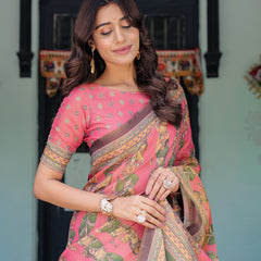 Coral Pink Handloom Cotton Saree with Traditional Folk Procession Print & Classical Dance Pallu