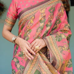 Coral Pink Handloom Cotton Saree with Traditional Folk Procession Print & Classical Dance Pallu