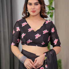 Black Satin Georgette Lotus Floral Printed Saree with Attached Blouse – Elegant Designer Saree for Festive & Evening Wear