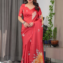 Coral Red Satin Georgette Floral Printed Saree with Attached Blouse – Elegant Designer Saree for Festive & Party Wear