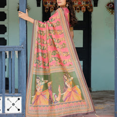 Coral Pink Handloom Cotton Saree with Traditional Folk Procession Print & Classical Dance Pallu